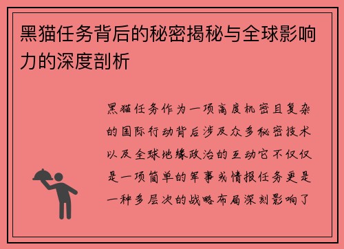 黑猫任务背后的秘密揭秘与全球影响力的深度剖析